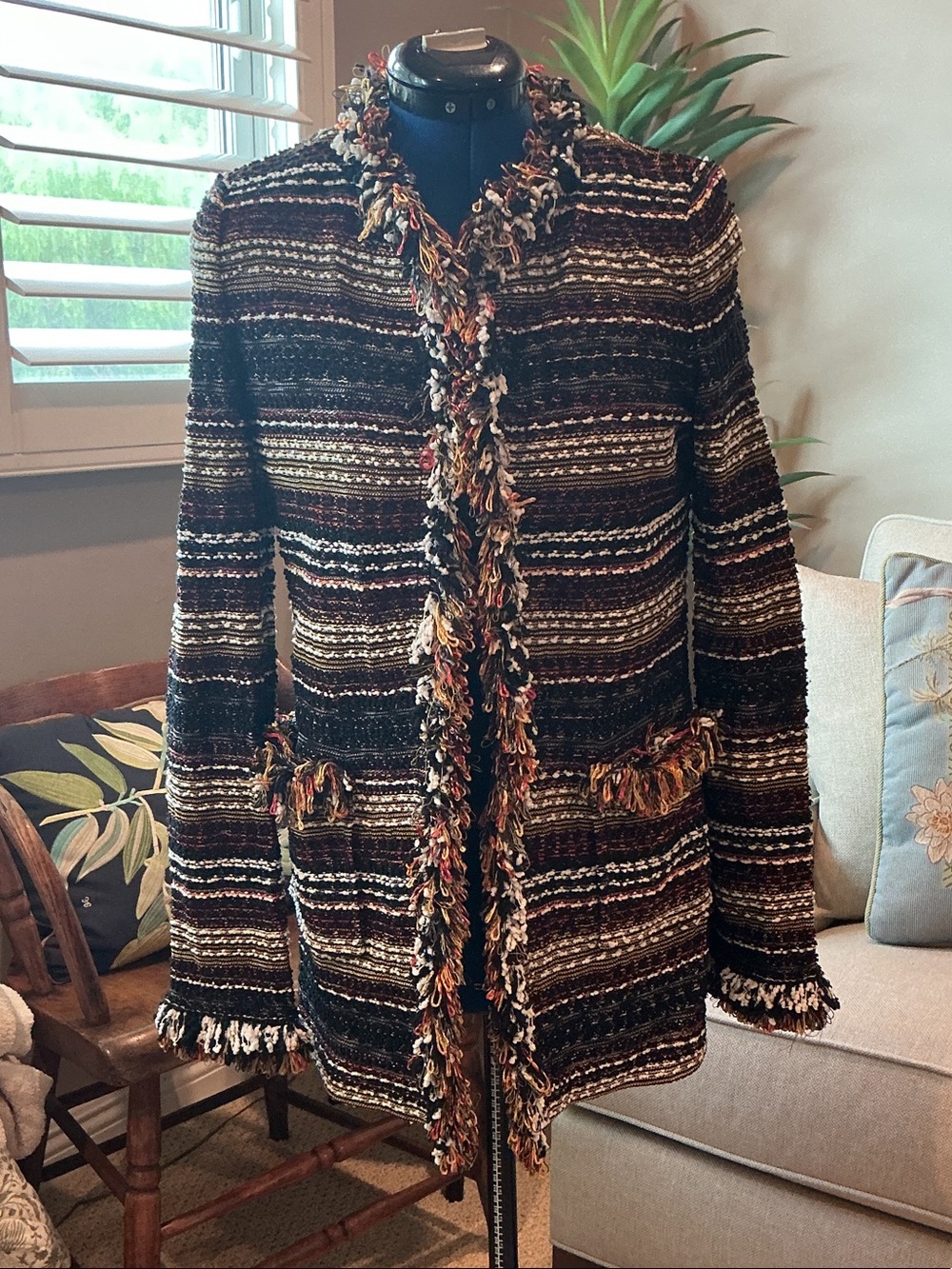 St. John knit Woven Fringe Open-Front Women's Jacket in Black Multi